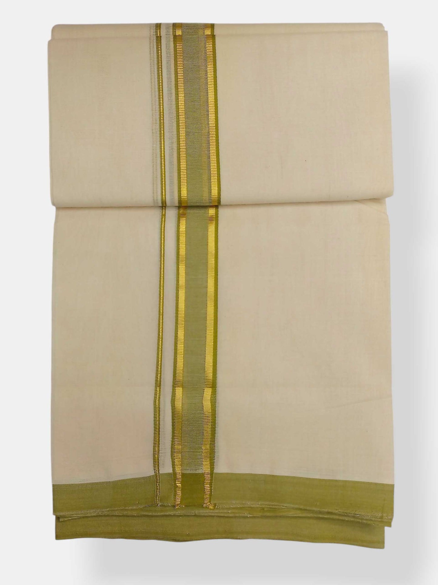 Balaramapuram Handloom Double Mundu Pure Cotton with Olive Green Border