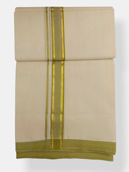 Balaramapuram Handloom Double Mundu Pure Cotton with Olive Green Border