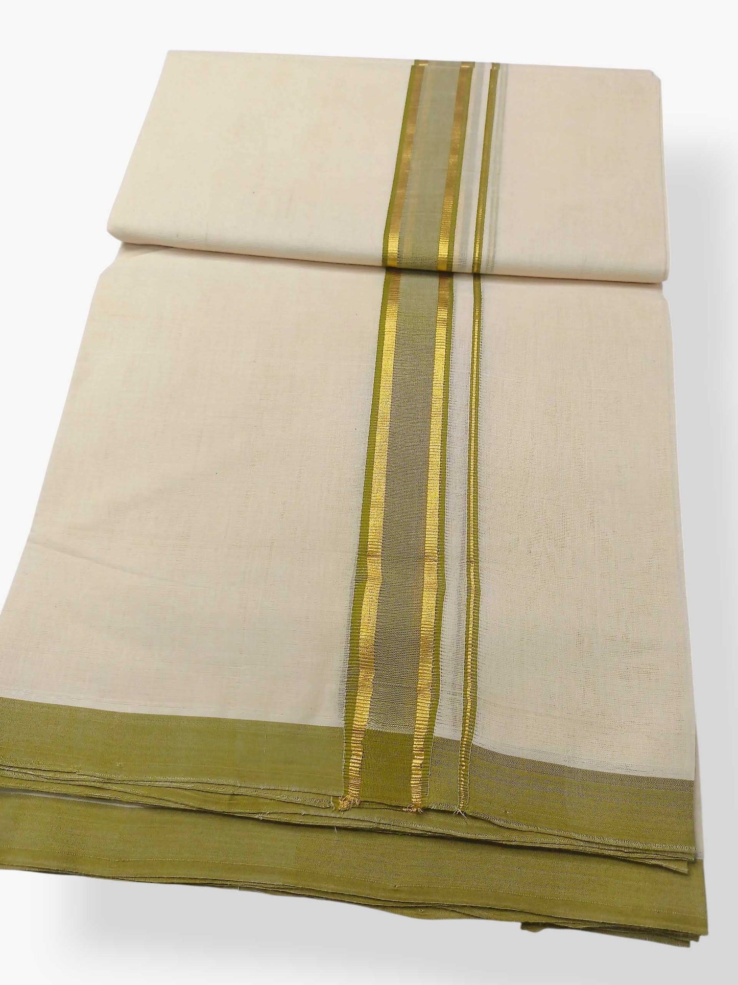 Balaramapuram Handloom Double Mundu Pure Cotton with Olive Green Border