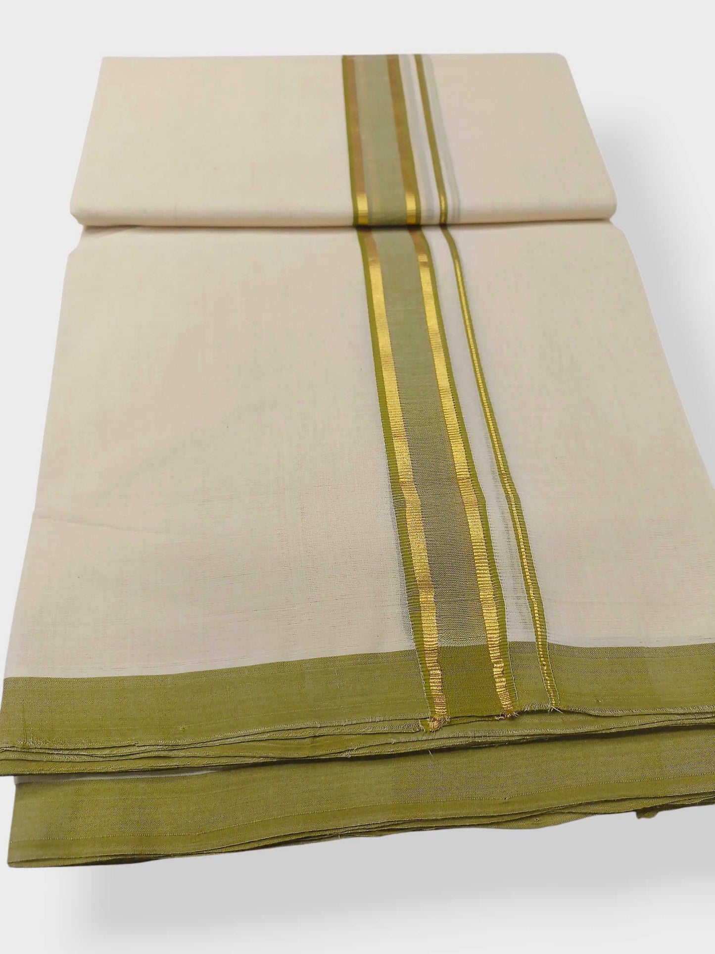 Balaramapuram Handloom Double Mundu Pure Cotton with Olive Green Border