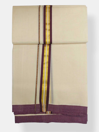 Balaramapuram Handloom Double Mundu Pure Cotton with Brown Border
