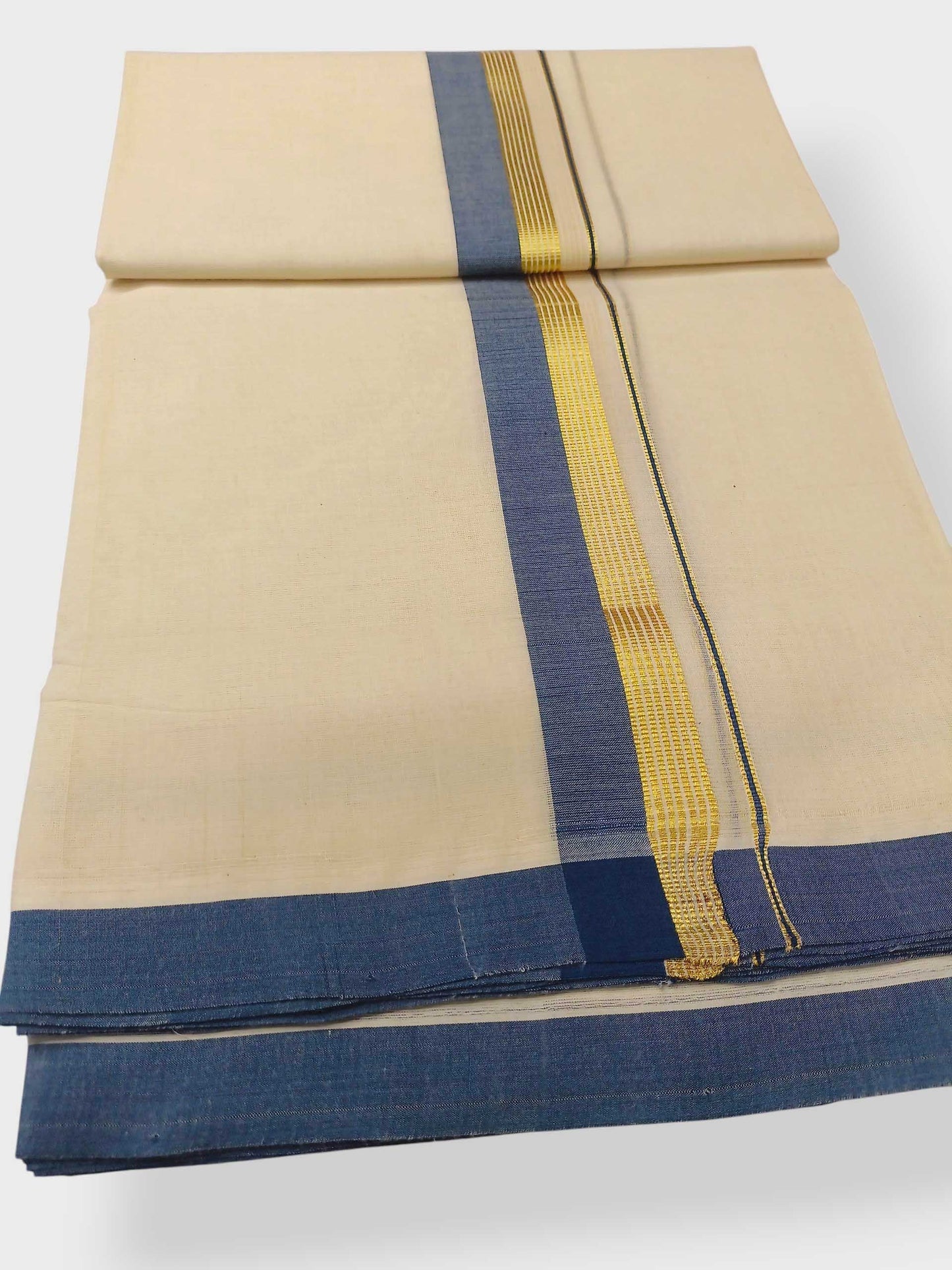 Balaramapuram Handloom Double Mundu Pure Cotton with Blue Border