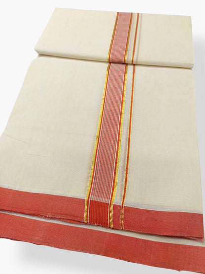 Balaramapuram Handloom Double Mundu Pure Cotton with Orange Border