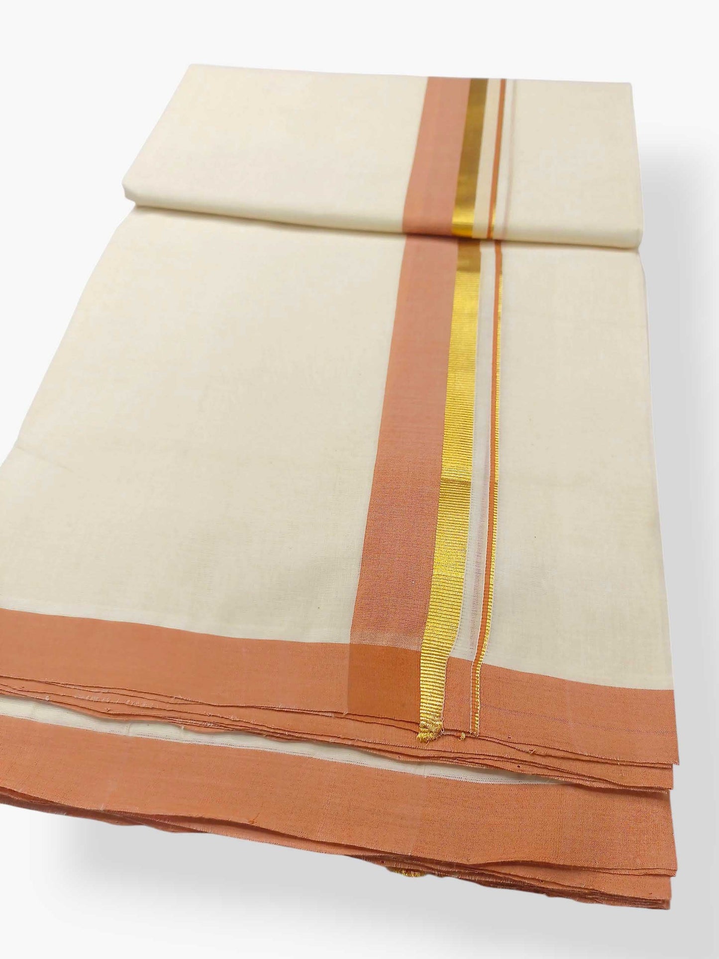 Balaramapuram Handloom Double Mundu Pure Cotton with Peach Border