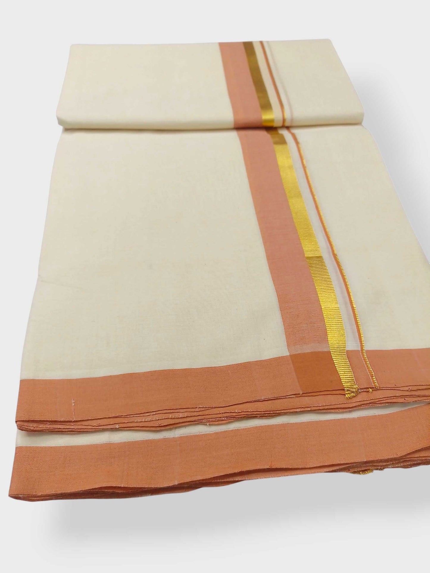 Balaramapuram Handloom Double Mundu Pure Cotton with Peach Border