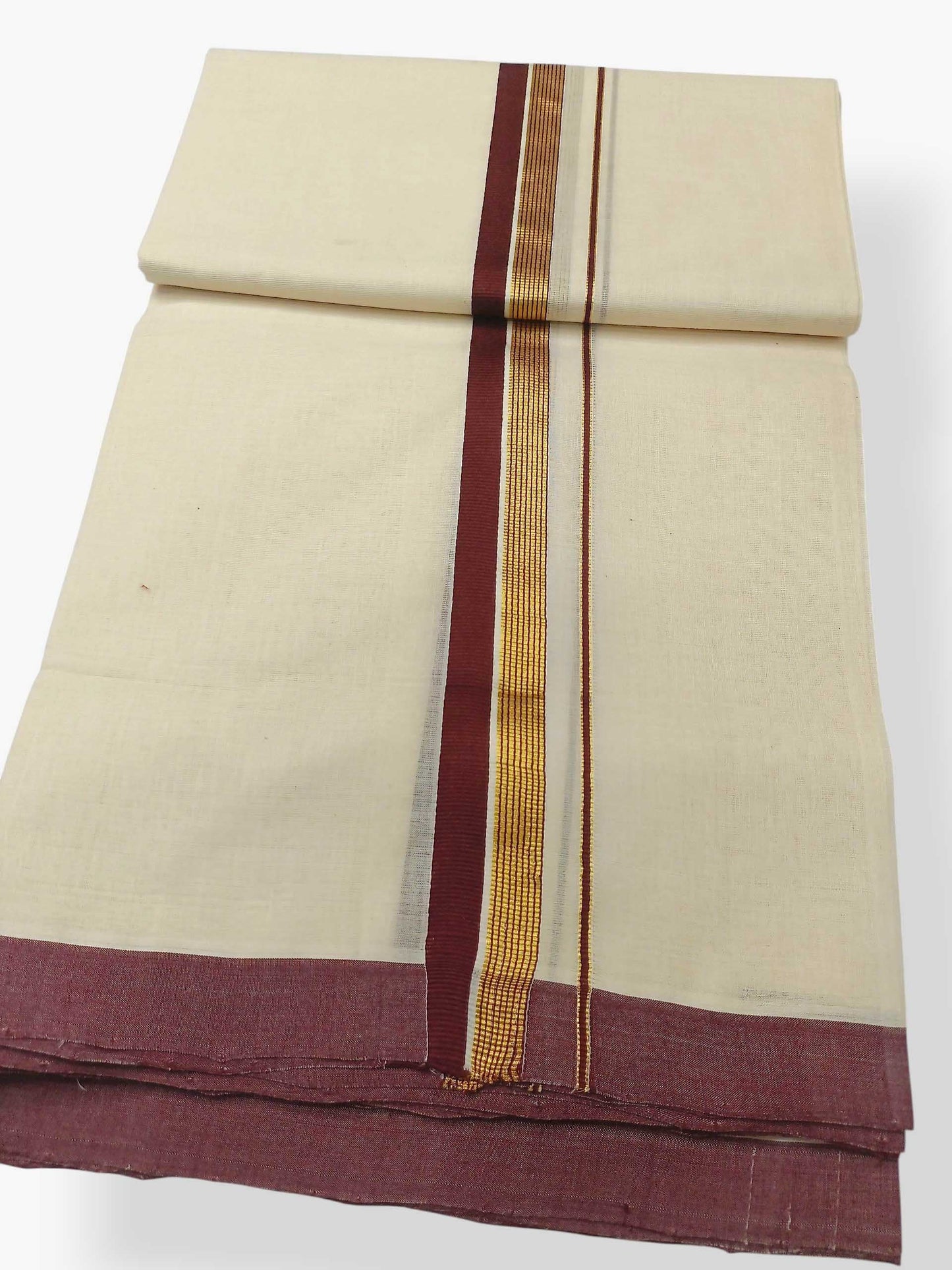 Balaramapuram Handloom Double Mundu Pure Cotton with Brown Border