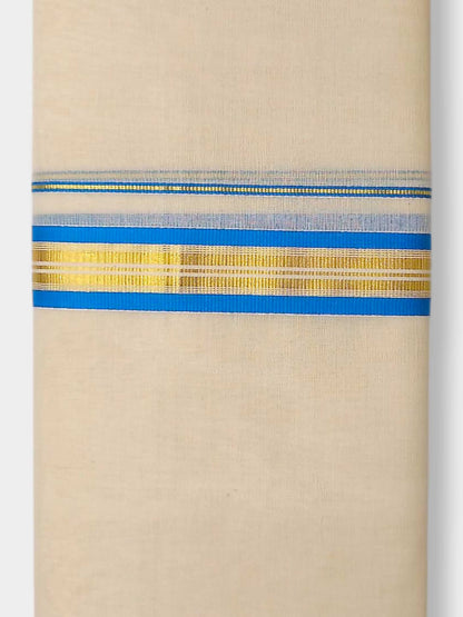 Balaramapuram Handloom Double Mundu Pure Cotton with SkyBlue Border
