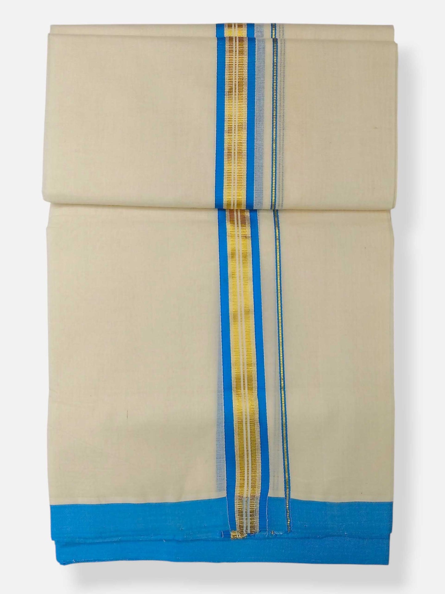 Balaramapuram Handloom Double Mundu Pure Cotton with SkyBlue Border