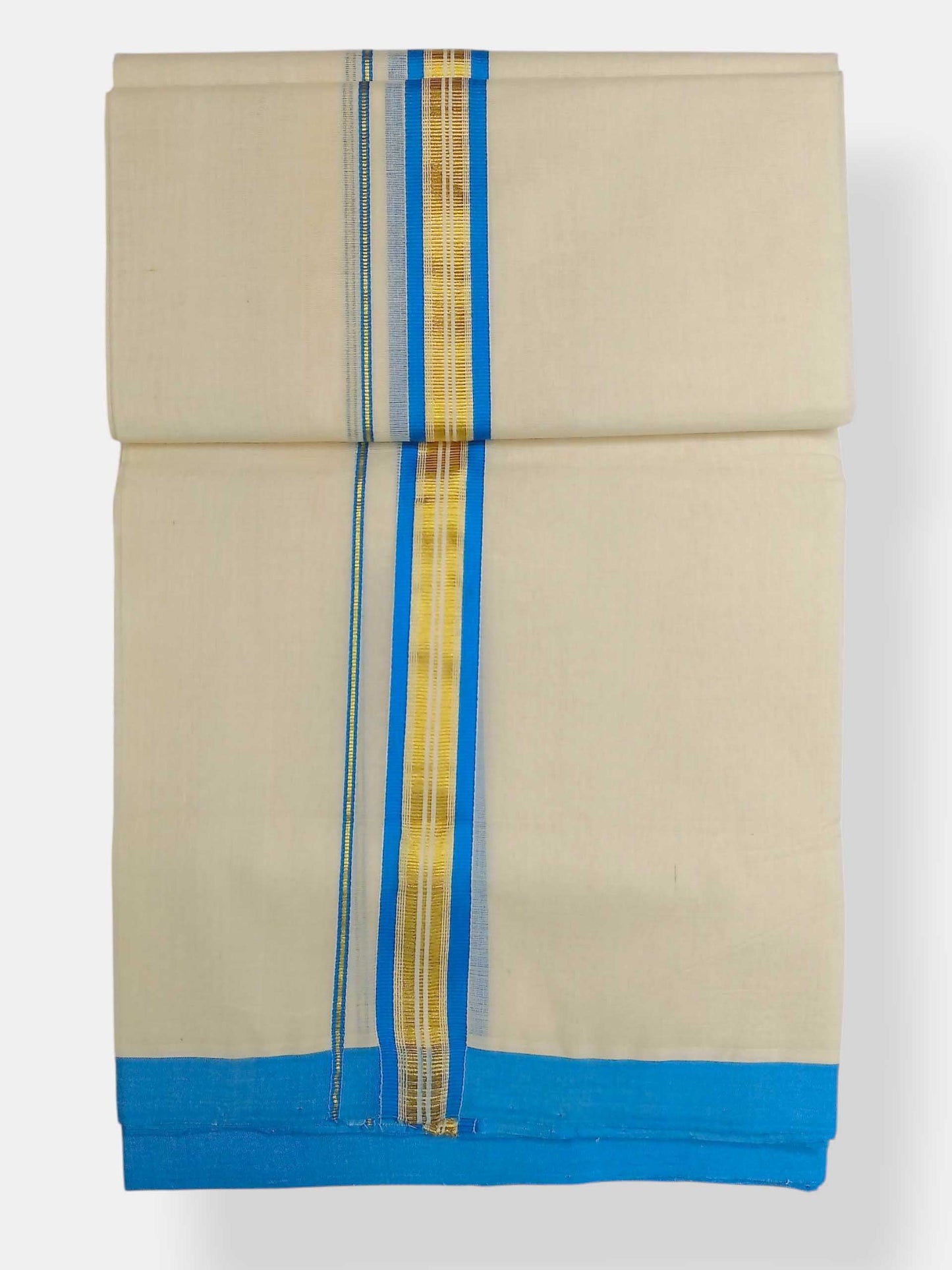 Balaramapuram Handloom Double Mundu Pure Cotton with SkyBlue Border