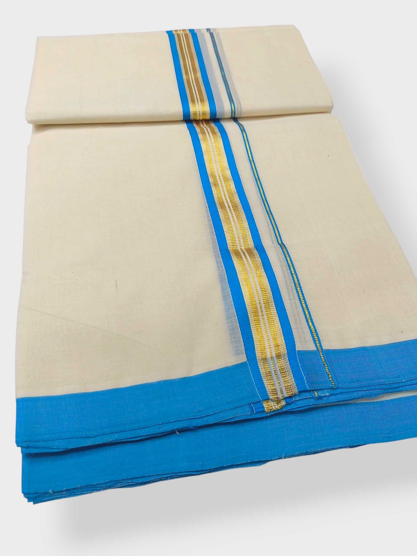 Balaramapuram Handloom Double Mundu Pure Cotton with SkyBlue Border