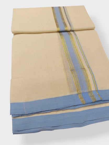 Balaramapuram Handloom Double Mundu Pure Cotton with Blue Border