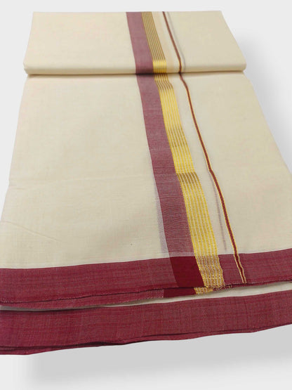Balaramapuram Handloom Double Mundu Pure Cotton with Maroon Border
