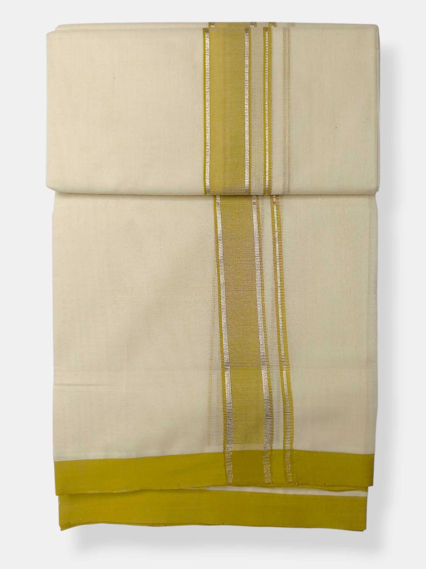 Balaramapuram Handloom Double Mundu Pure Cotton with Yellow Green Border