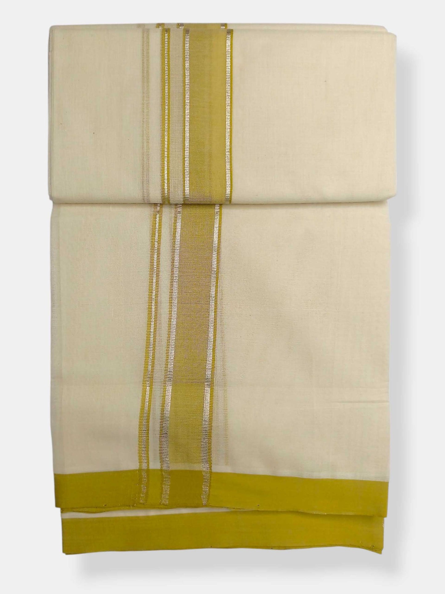 Balaramapuram Handloom Double Mundu Pure Cotton with Yellow Green Border