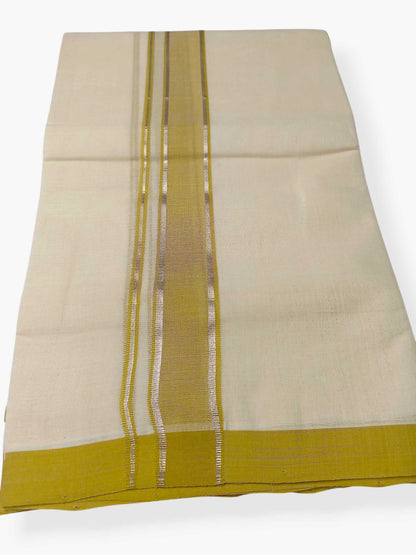 Balaramapuram Handloom Double Mundu Pure Cotton with Yellow Green Border