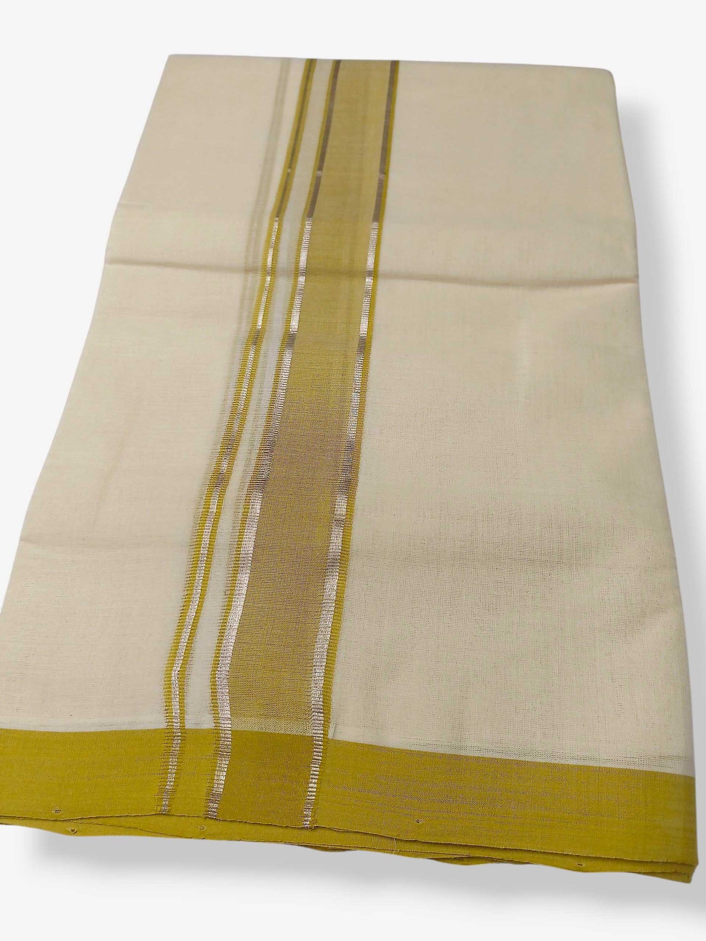 Balaramapuram Handloom Double Mundu Pure Cotton with Yellow Green Border