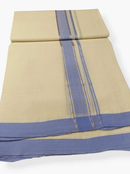 Balaramapuram Handloom Double Mundu Pure Cotton with Blue Border