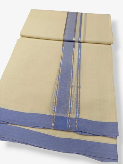 Balaramapuram Handloom Double Mundu Pure Cotton with Blue Border