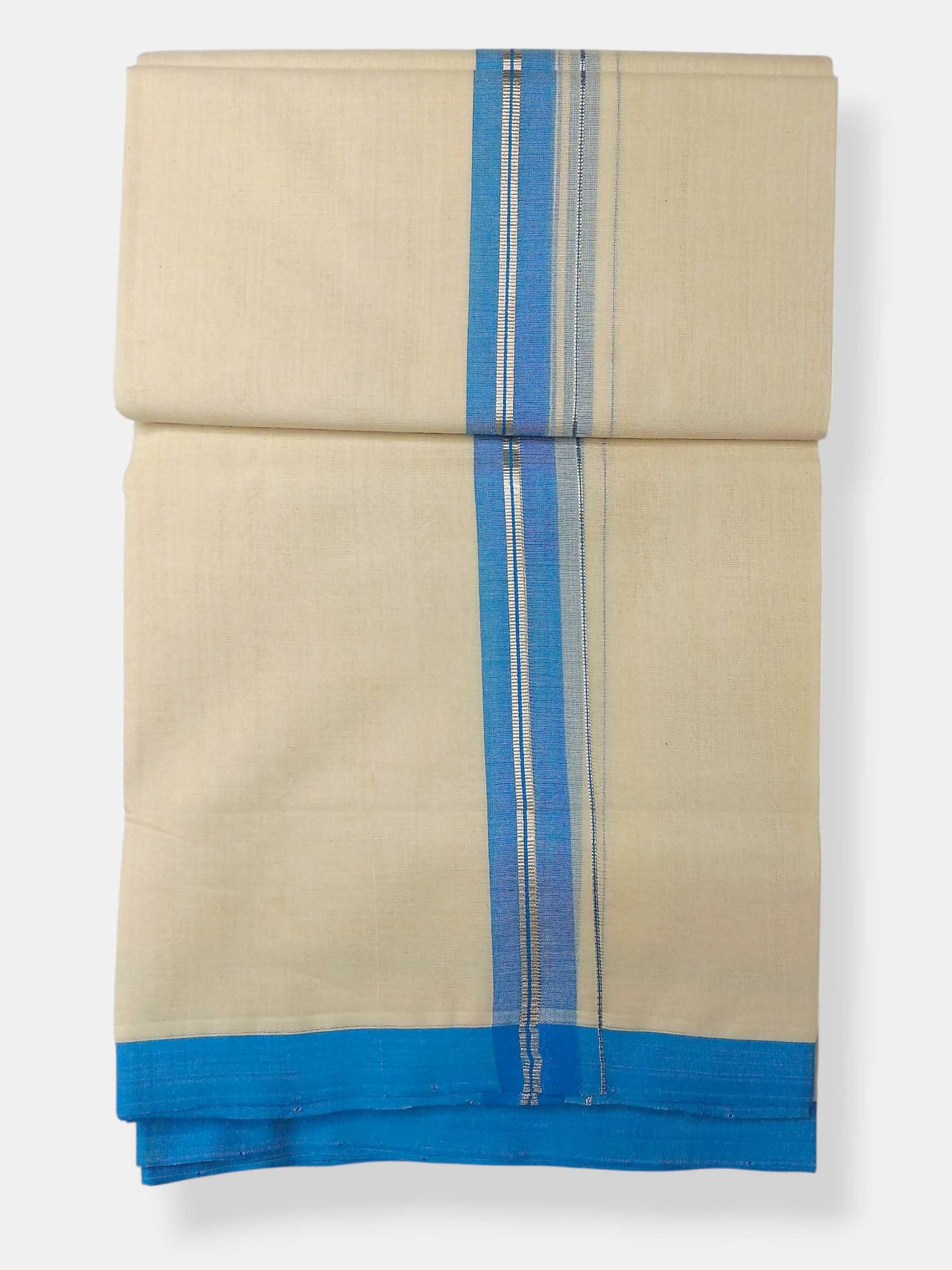 Balaramapuram Handloom Double Mundu Pure Cotton with SkyBlue Border
