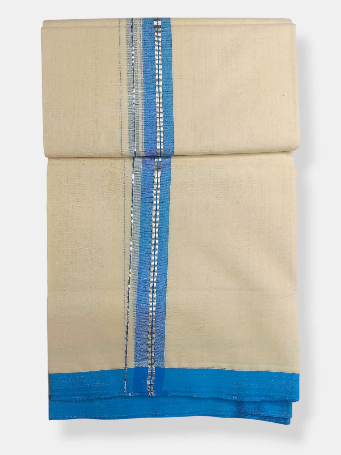 Balaramapuram Handloom Double Mundu Pure Cotton with SkyBlue Border