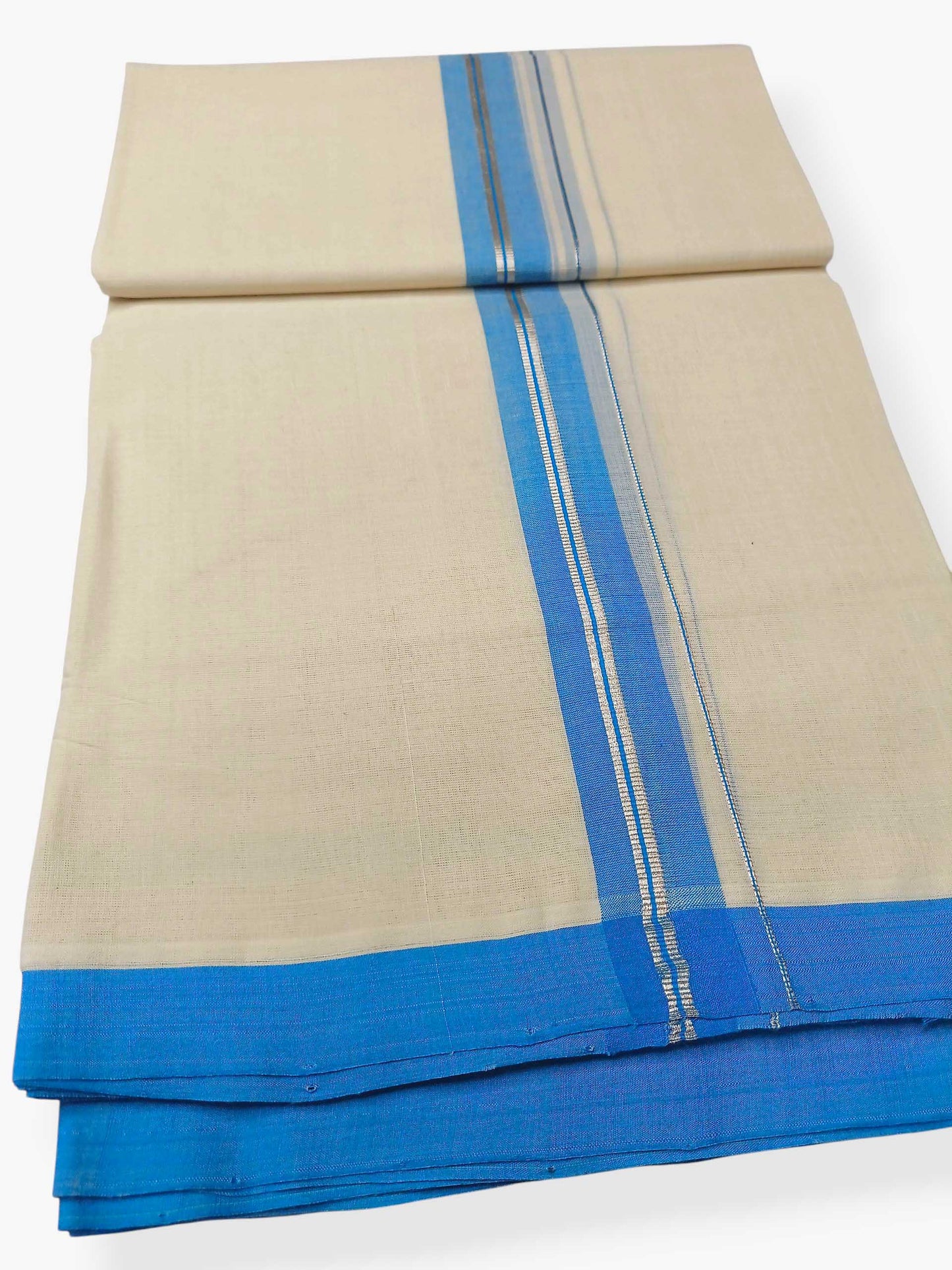 Balaramapuram Handloom Double Mundu Pure Cotton with SkyBlue Border