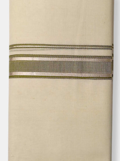 Balaramapuram Handloom Double Mundu Pure Cotton with Olive Green Border