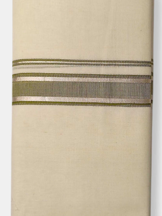 Balaramapuram Handloom Double Mundu Pure Cotton with Olive Green Border