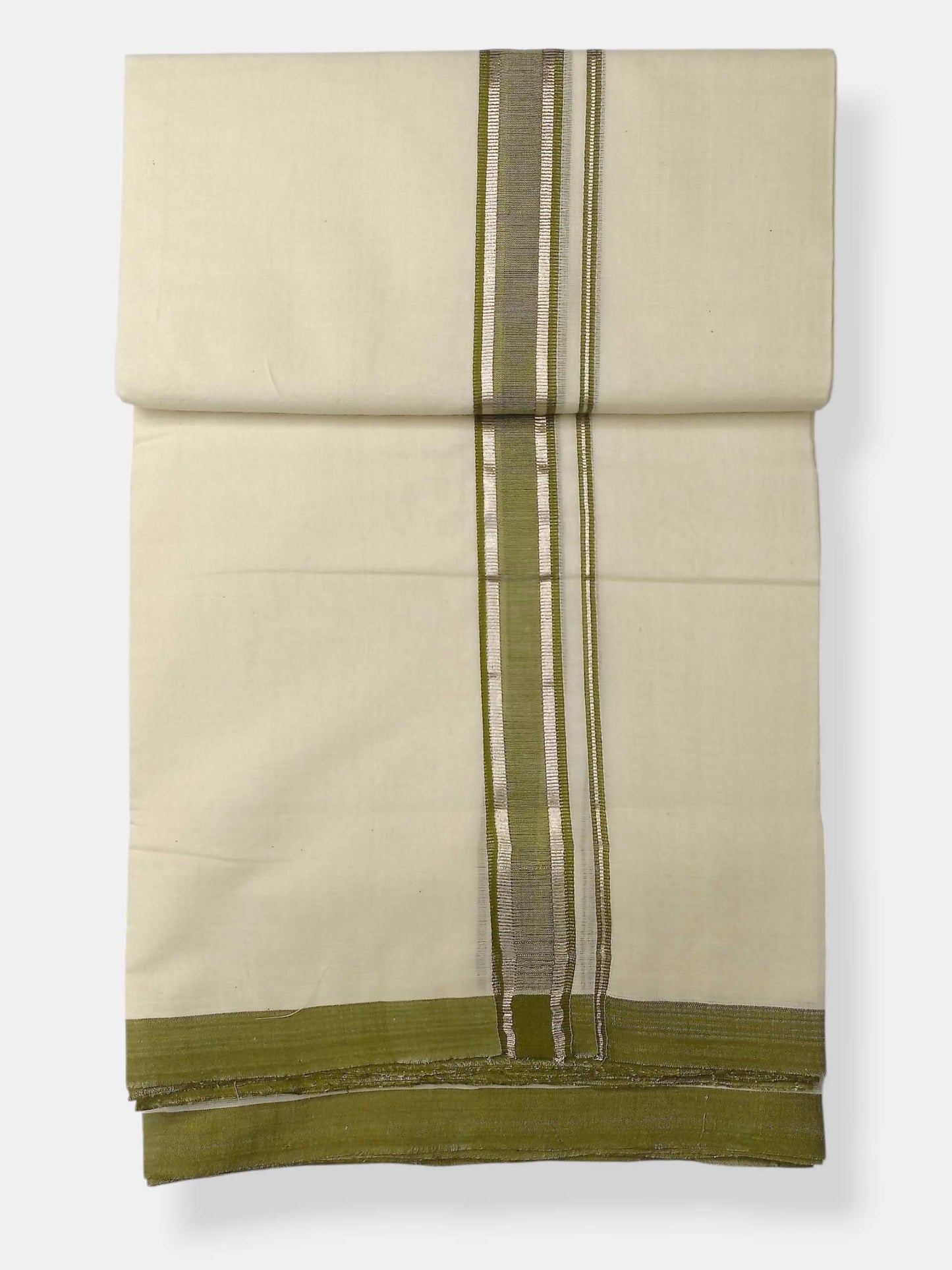 Balaramapuram Handloom Double Mundu Pure Cotton with Olive Green Border