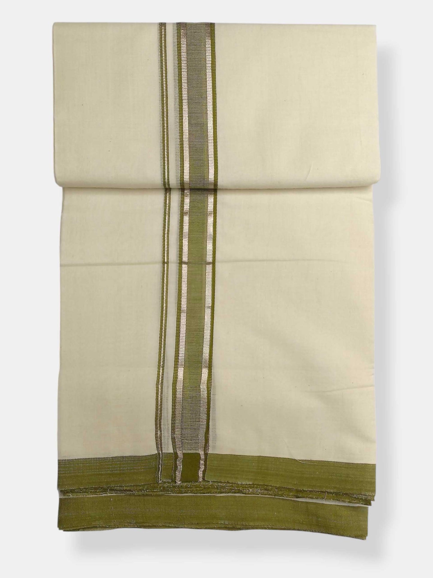 Balaramapuram Handloom Double Mundu Pure Cotton with Olive Green Border