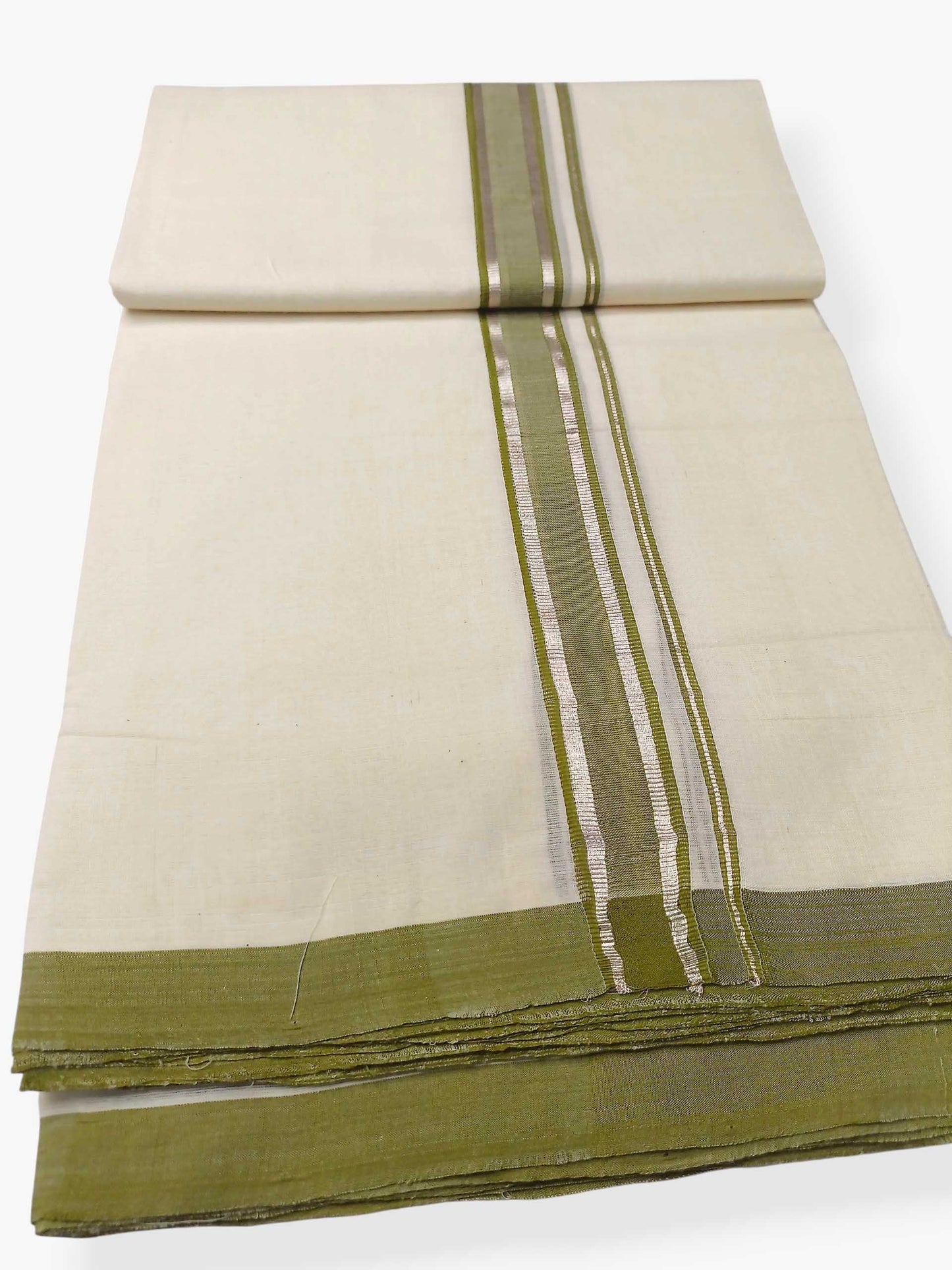 Balaramapuram Handloom Double Mundu Pure Cotton with Olive Green Border