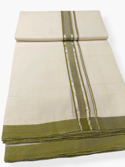 Balaramapuram Handloom Double Mundu Pure Cotton with Olive Green Border