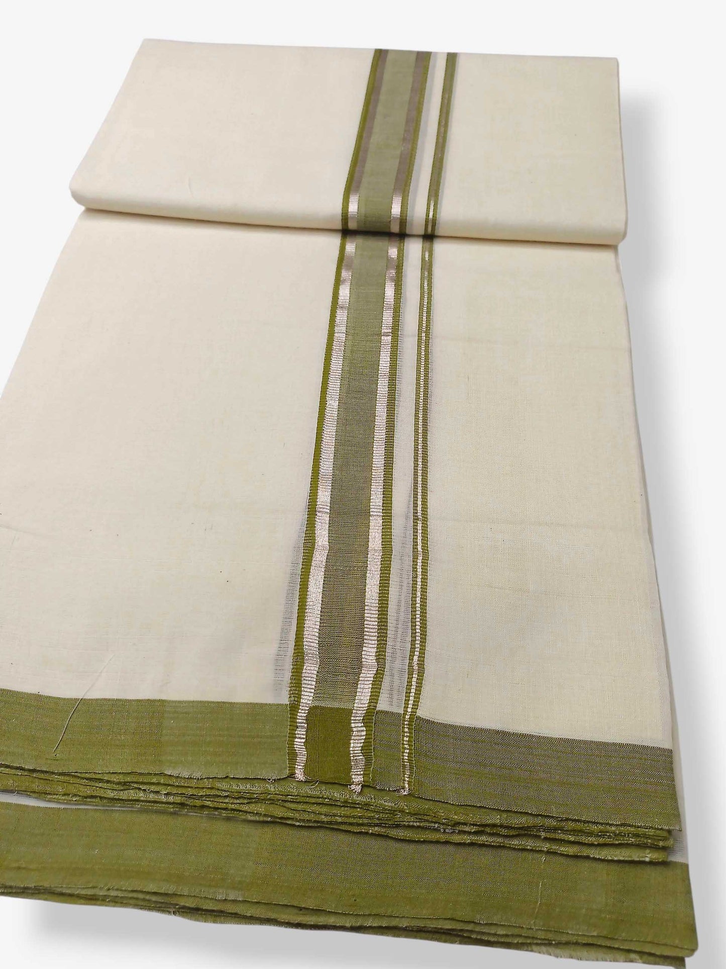 Balaramapuram Handloom Double Mundu Pure Cotton with Olive Green Border