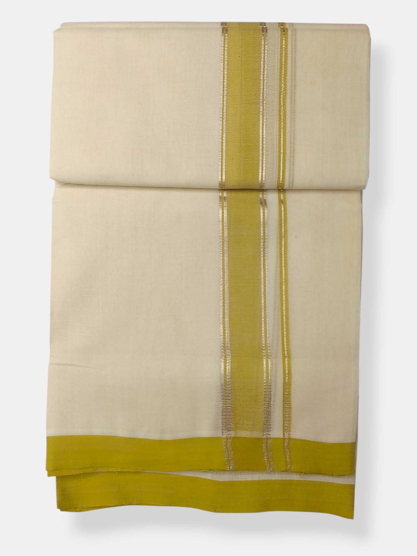 Balaramapuram Handloom Double Mundu Pure Cotton with Yellow Green Border