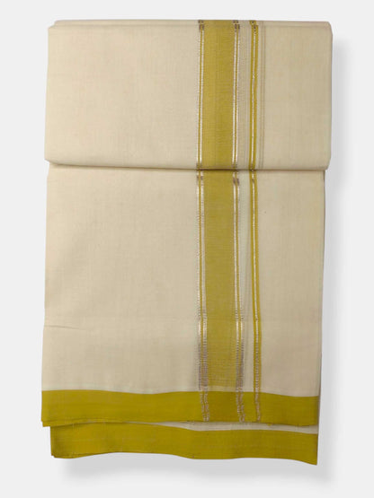 Balaramapuram Handloom Double Mundu Pure Cotton with Yellow Green Border