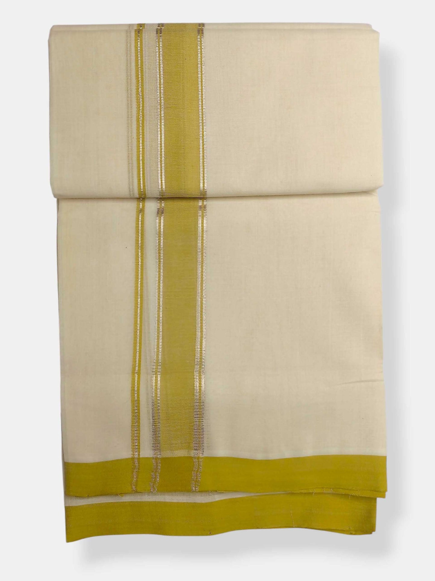 Balaramapuram Handloom Double Mundu Pure Cotton with Yellow Green Border