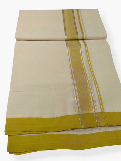 Balaramapuram Handloom Double Mundu Pure Cotton with Yellow Green Border