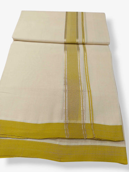 Balaramapuram Handloom Double Mundu Pure Cotton with Yellow Green Border