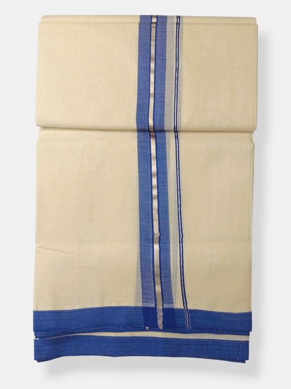 Balaramapuram Handloom Double Mundu Pure Cotton with Blue Border