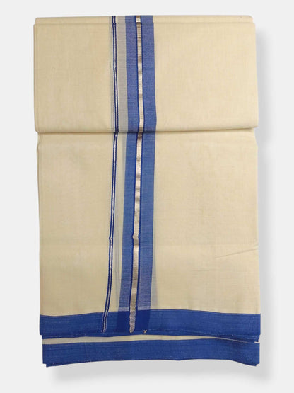 Balaramapuram Handloom Double Mundu Pure Cotton with Blue Border