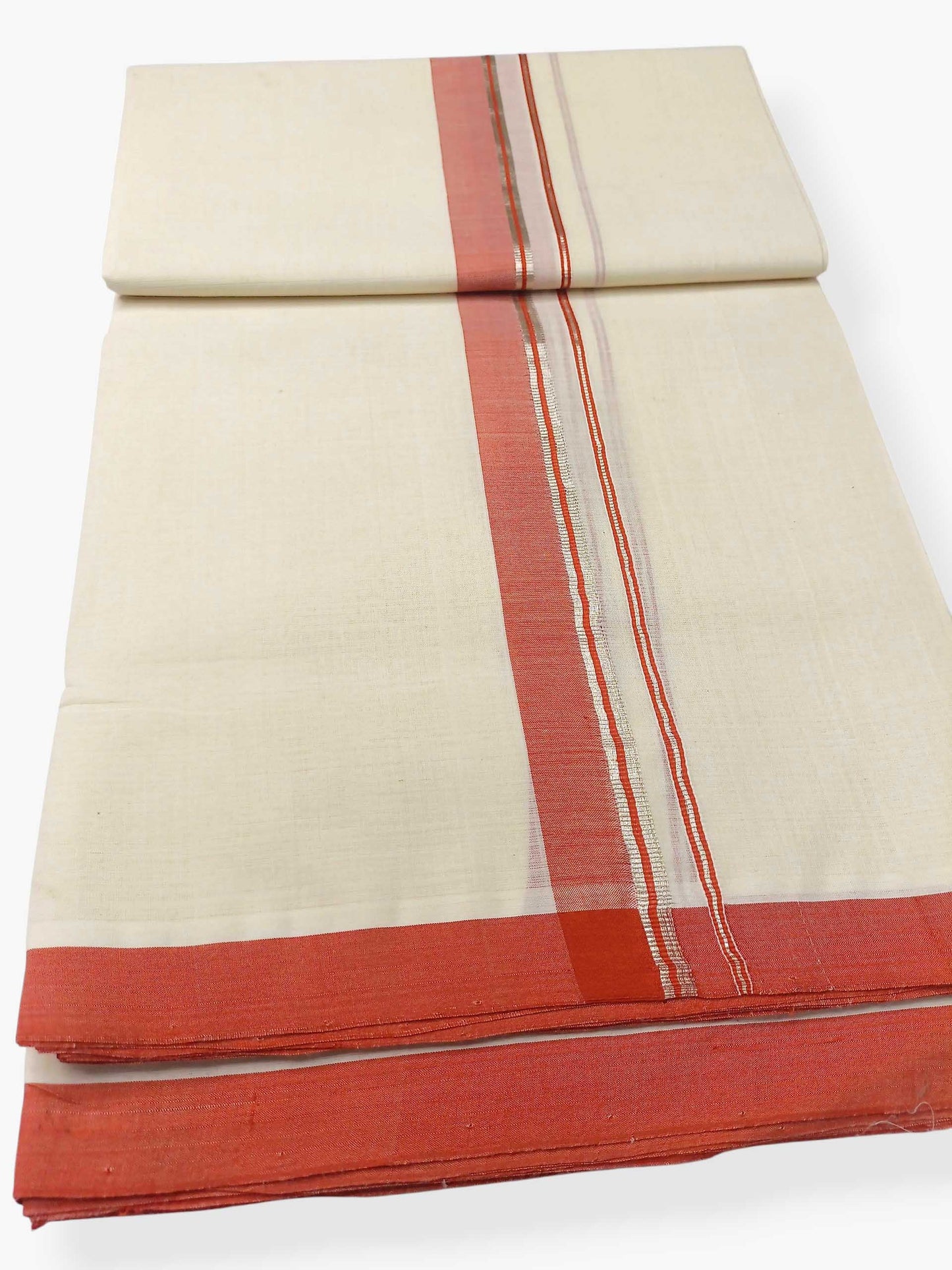 Balaramapuram Handloom Double Mundu Pure Cotton with Orange Border