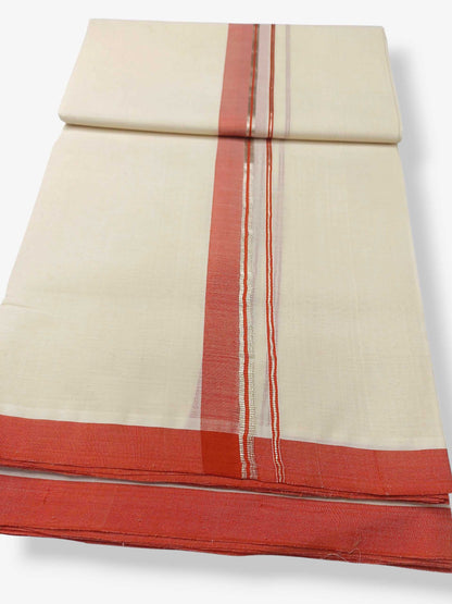 Balaramapuram Handloom Double Mundu Pure Cotton with Orange Border
