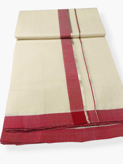 Balaramapuram Handloom Double Mundu Pure Cotton with Maroon Border
