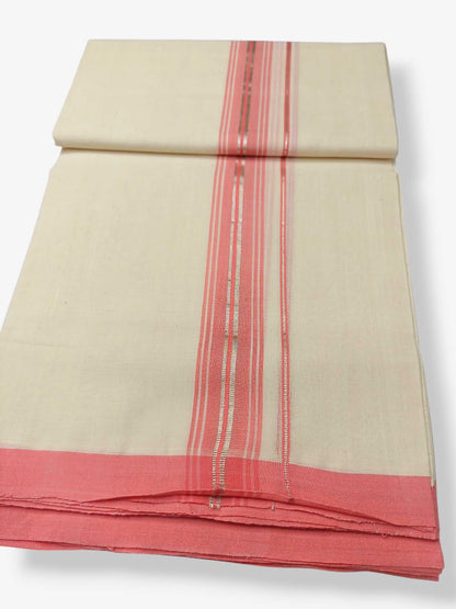 Balaramapuram Handloom Double Mundu Pure Cotton with Rose Border