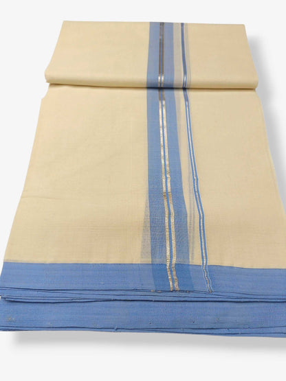 Balaramapuram Handloom Double Mundu Pure Cotton with Blue Border