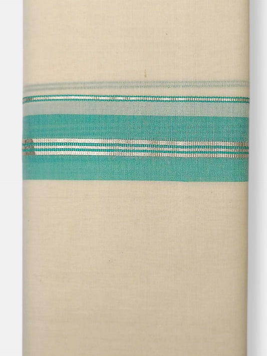 Balaramapuram Handloom Double Mundu Pure Cotton with Aqua Blue Border