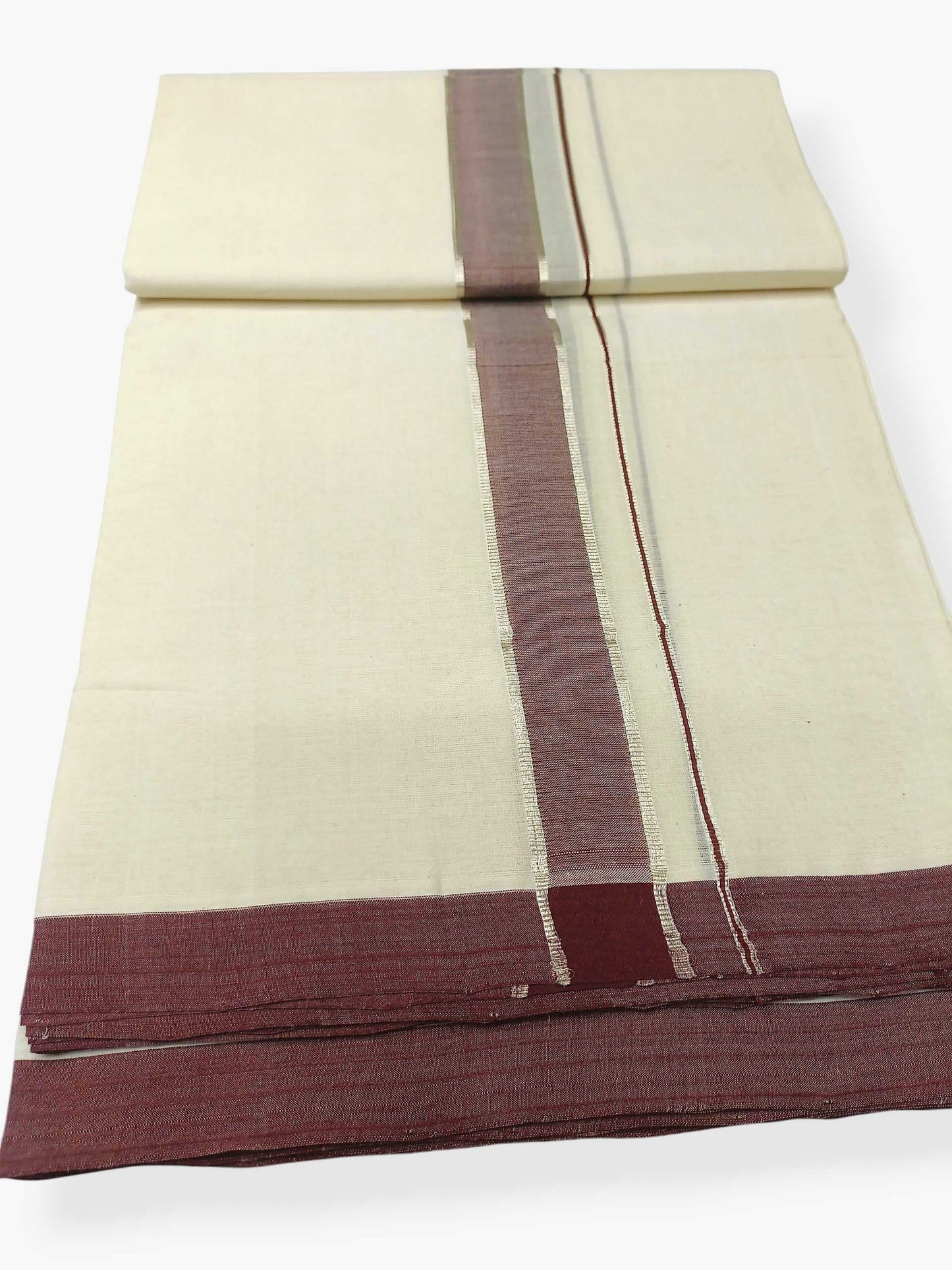 Balaramapuram Handloom Double Mundu Pure Cotton with Coffee Brown Border
