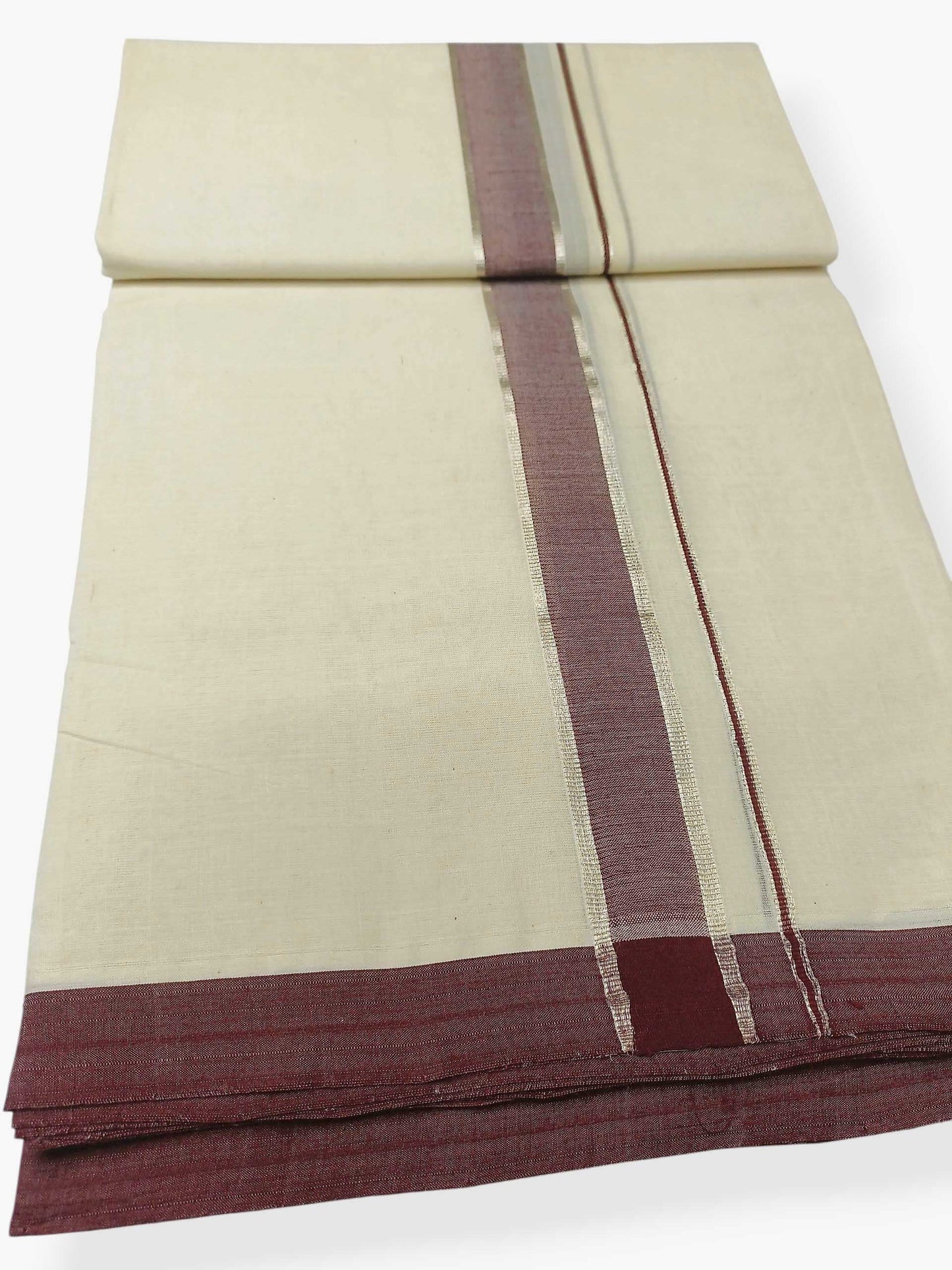 Balaramapuram Handloom Double Mundu Pure Cotton with Coffee Brown Border