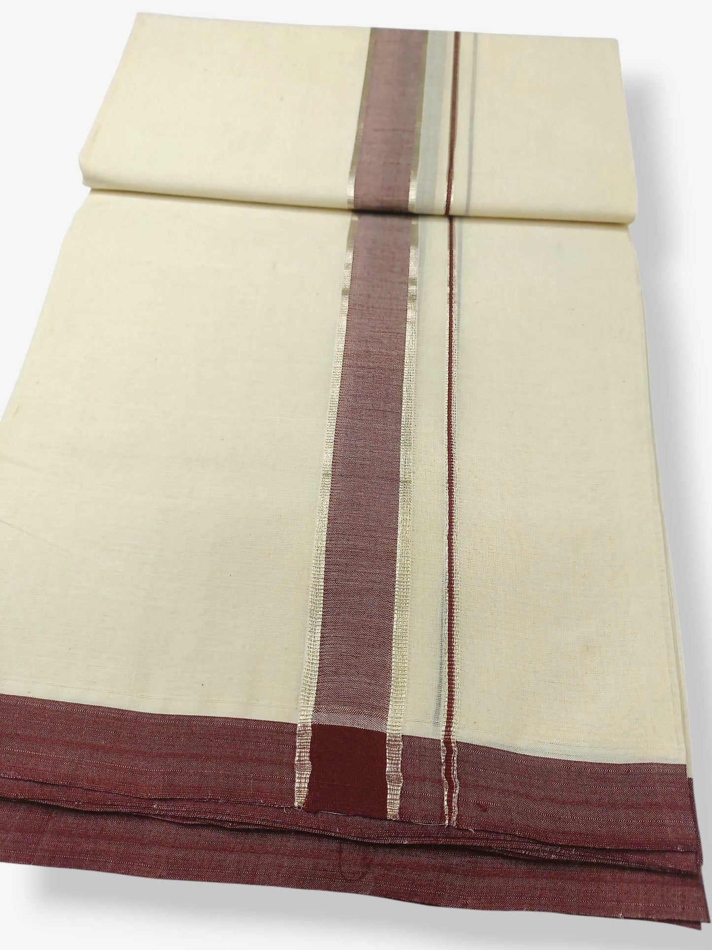 Balaramapuram Handloom Double Mundu Pure Cotton with Coffee Brown Border