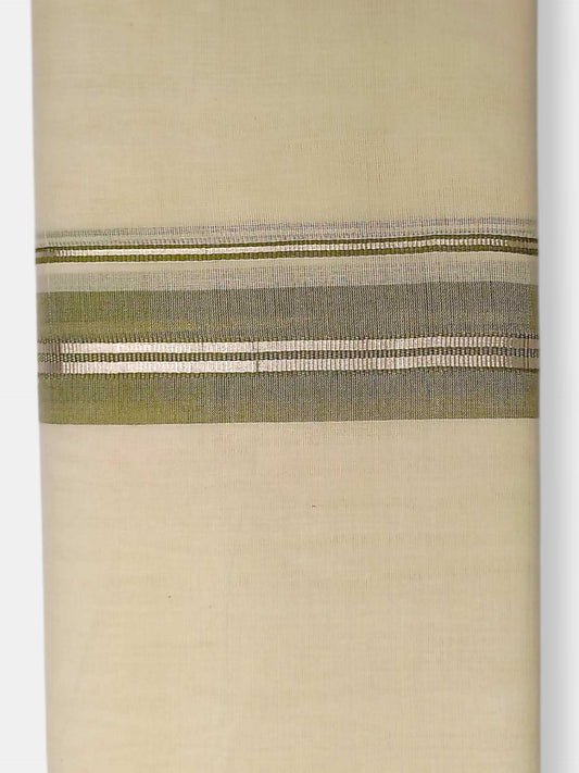 Balaramapuram Handloom Double Mundu Pure Cotton with Olive Green Border