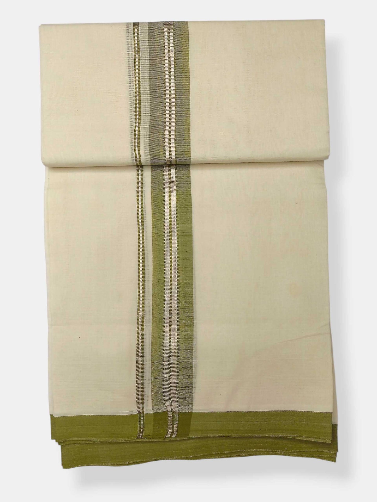 Balaramapuram Handloom Double Mundu Pure Cotton with Olive Green Border